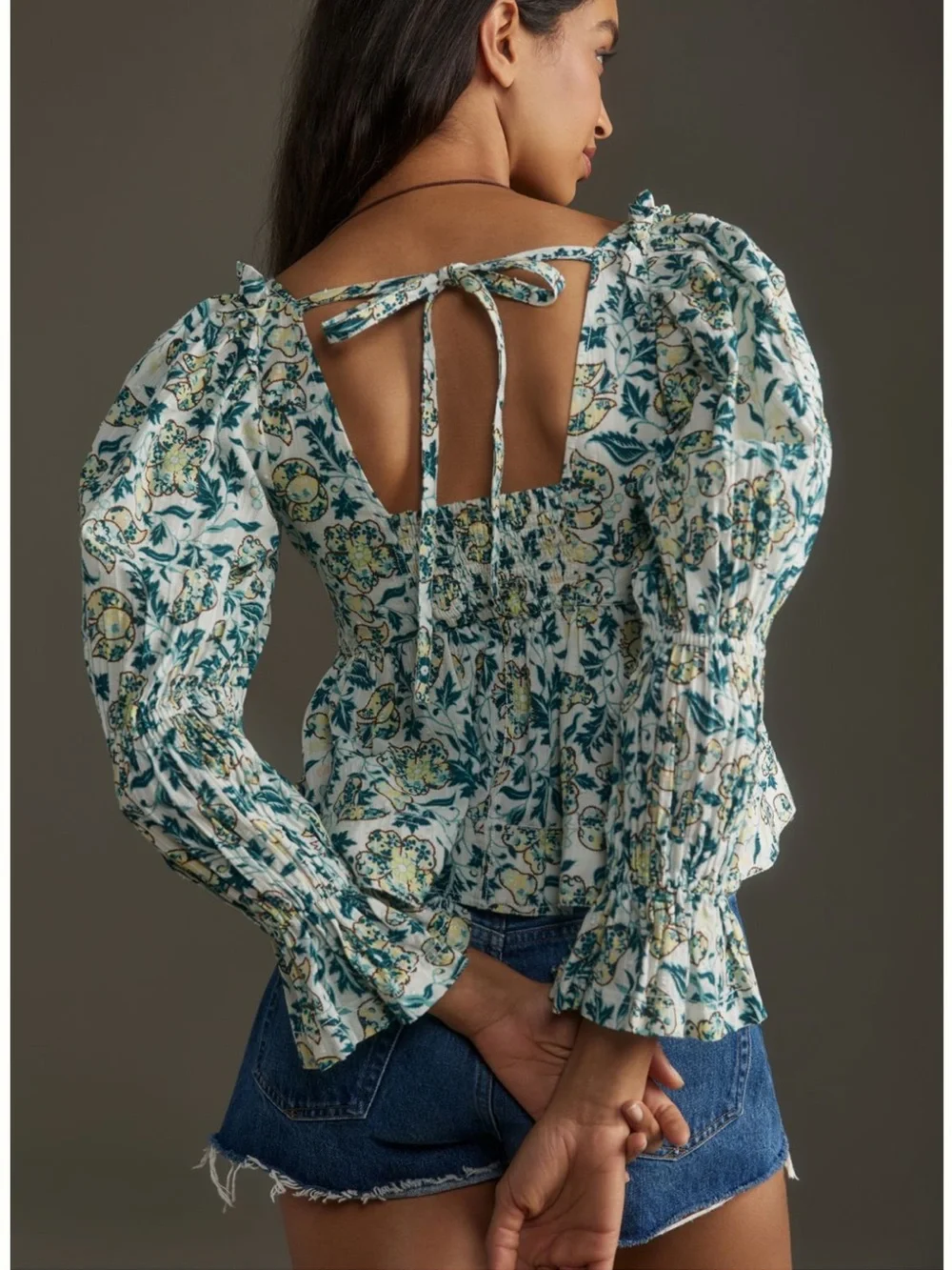 Anthropologie Teal and Cream Floral Peplum Square-Neck Blouse